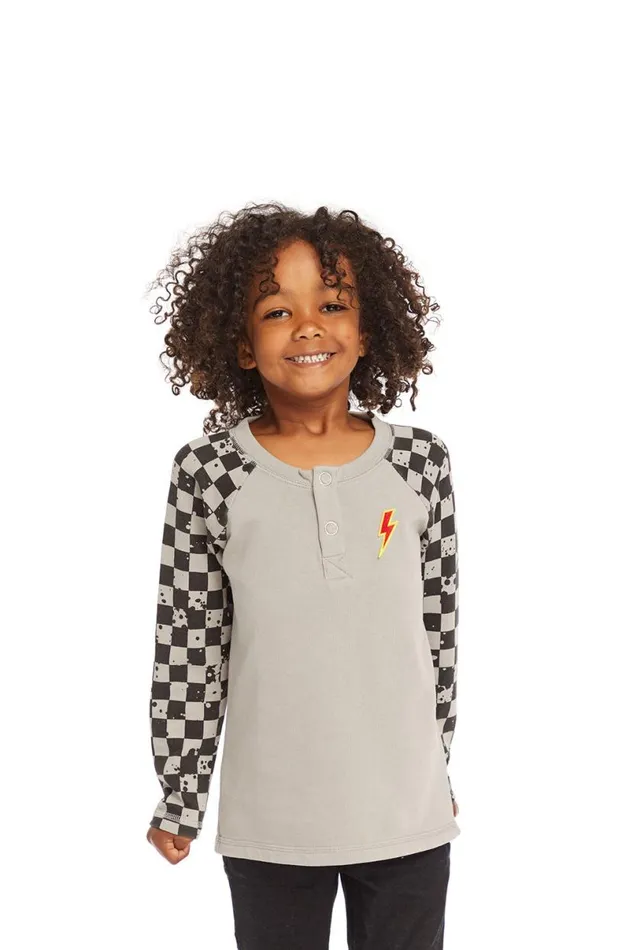 Kids Boys Chaser Brand Long Sleeve Splatter Checker Raglan Button Up Henley