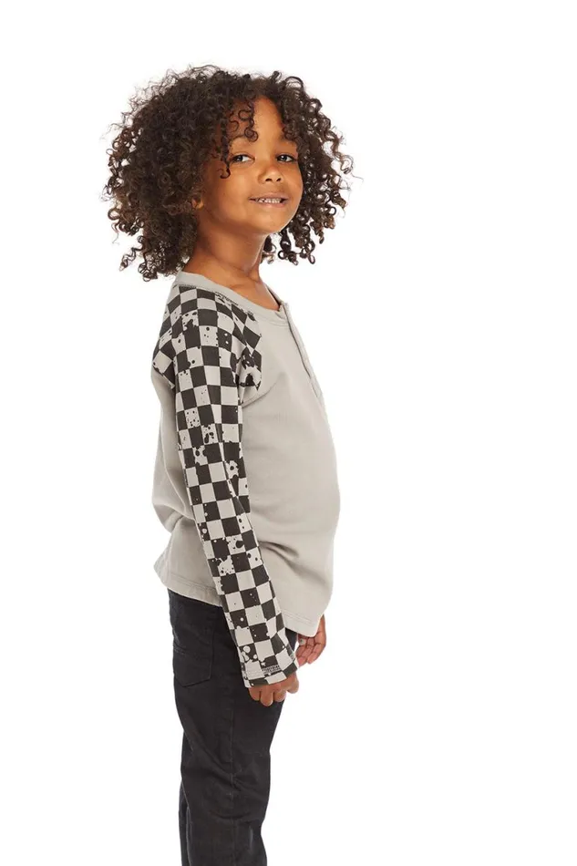 Kids Boys Chaser Brand Long Sleeve Splatter Checker Raglan Button Up Henley