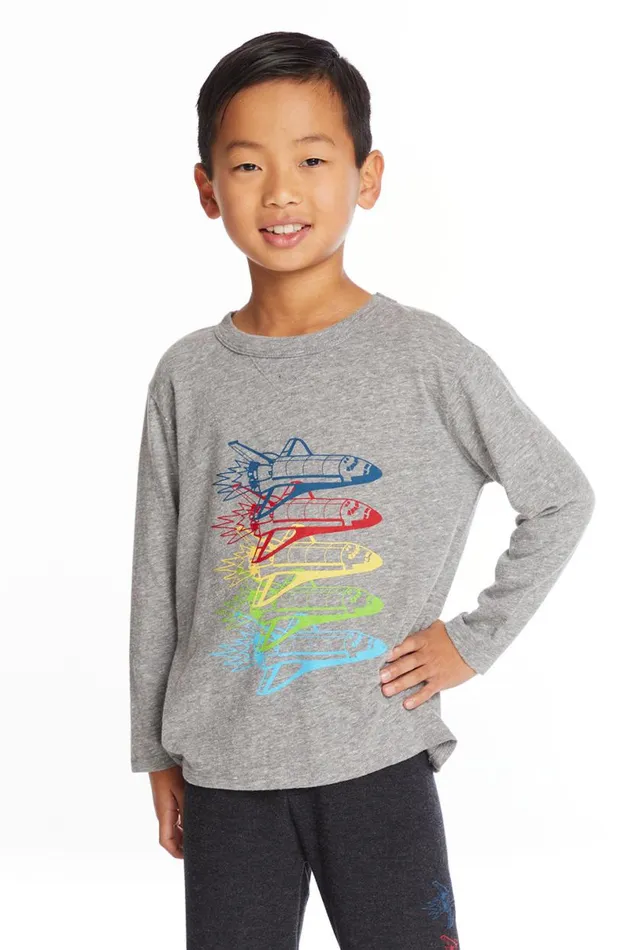 Kids Boys Chaser Brand Rocketships Boys Long Sleeve Crew Neck Tee