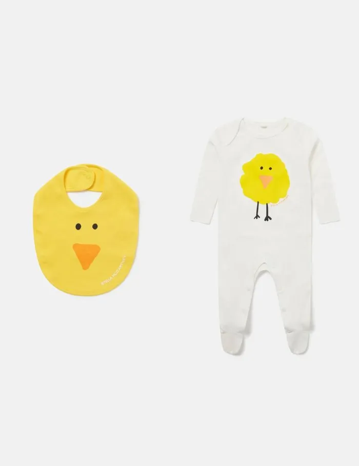 Kids Chick Pattern Bib And Sleepsuit Set Yellow And White Stella McCartney Baby Boys