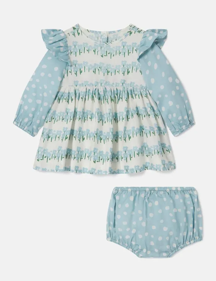 Kids Floral Pattern Dress And Bloomers Set Cream And Blue Stella McCartney Baby Girls