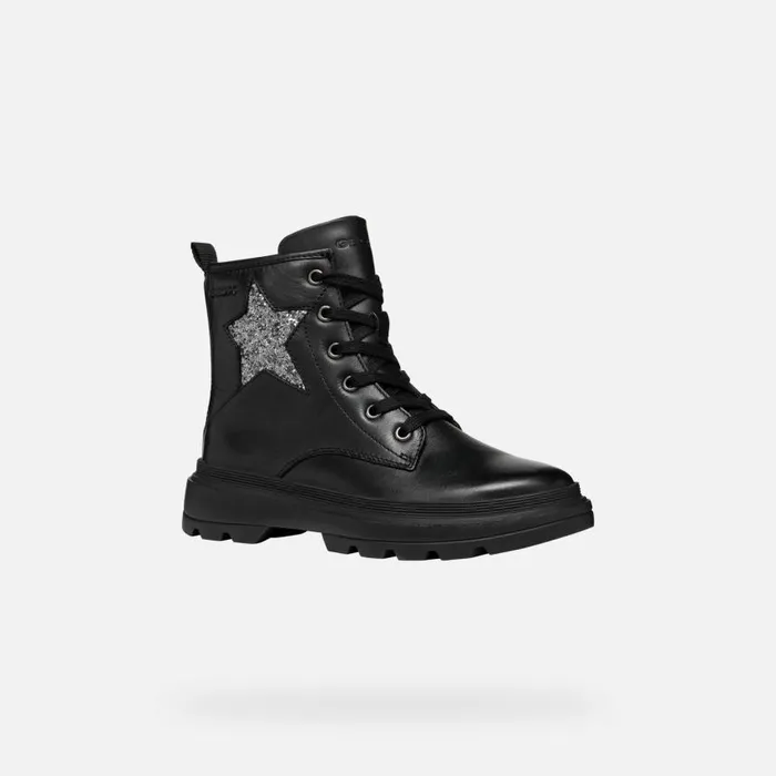 Kids Geox Ankle Boots KIDDARTAH GIRL BlackDark Silver Combat Boots Blackdark Silver