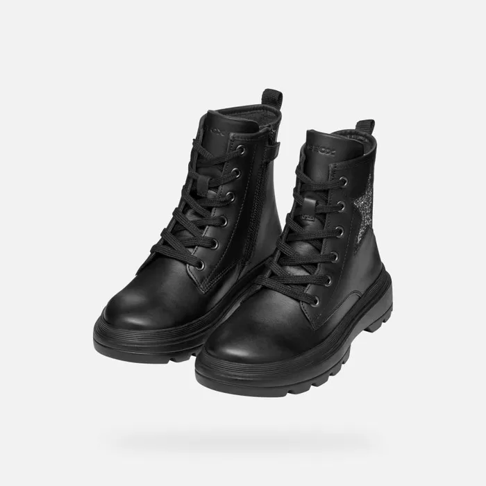 Kids Geox Ankle Boots KIDDARTAH GIRL BlackDark Silver Combat Boots Blackdark Silver