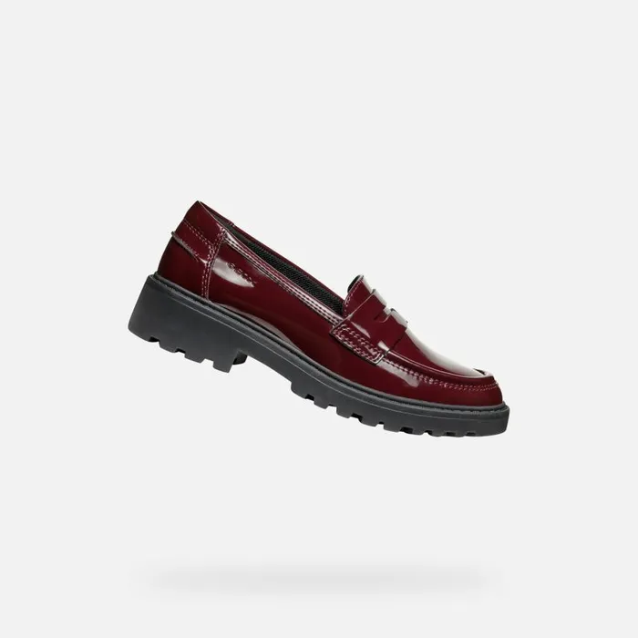 Kids Geox Uniform Shoes CASEY GIRL Dark Burgundy Leather Loafers Dark Burgundy