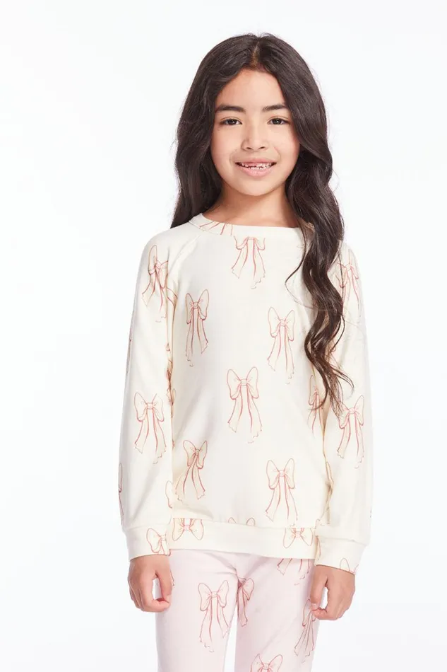 Kids Girls Chaser Brand Allover Bows Girls Raglan Pullover