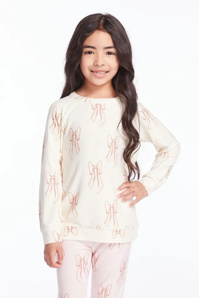 Kids Girls Chaser Brand Allover Bows Girls Raglan Pullover