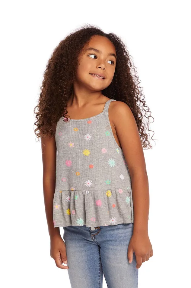 Kids Girls Chaser Brand Amelia Waffle Knit Embroidery Flowers Tank Top