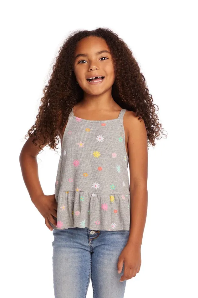Kids Girls Chaser Brand Amelia Waffle Knit Embroidery Flowers Tank Top
