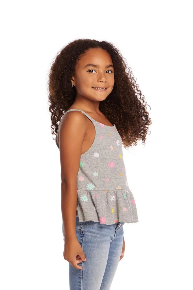 Kids Girls Chaser Brand Amelia Waffle Knit Embroidery Flowers Tank Top