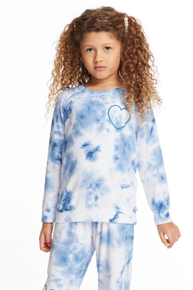 Kids Girls Chaser Brand Denim Tie Dye Heart Girls Cozy Knit Raglan Pullover
