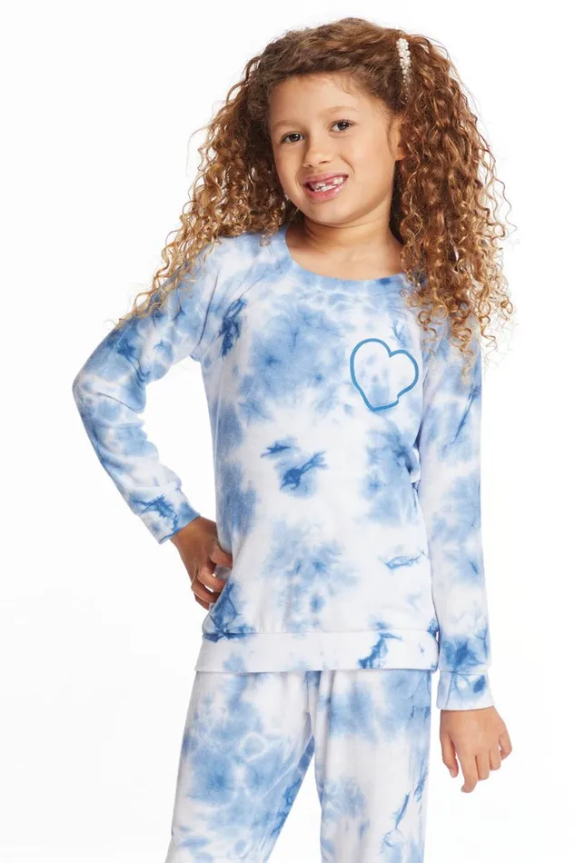 Kids Girls Chaser Brand Denim Tie Dye Heart Girls Cozy Knit Raglan Pullover