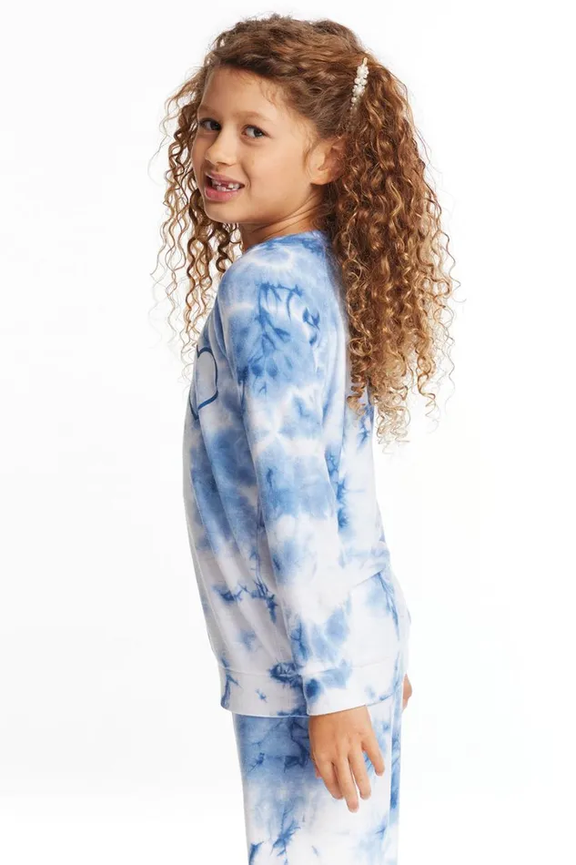 Kids Girls Chaser Brand Denim Tie Dye Heart Girls Cozy Knit Raglan Pullover