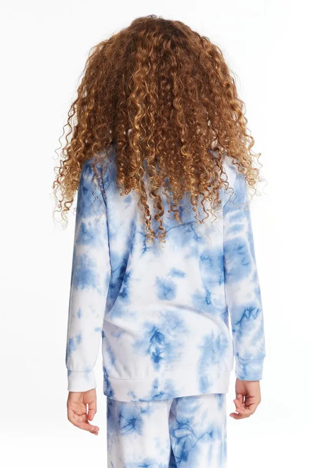 Kids Girls Chaser Brand Denim Tie Dye Heart Girls Cozy Knit Raglan Pullover
