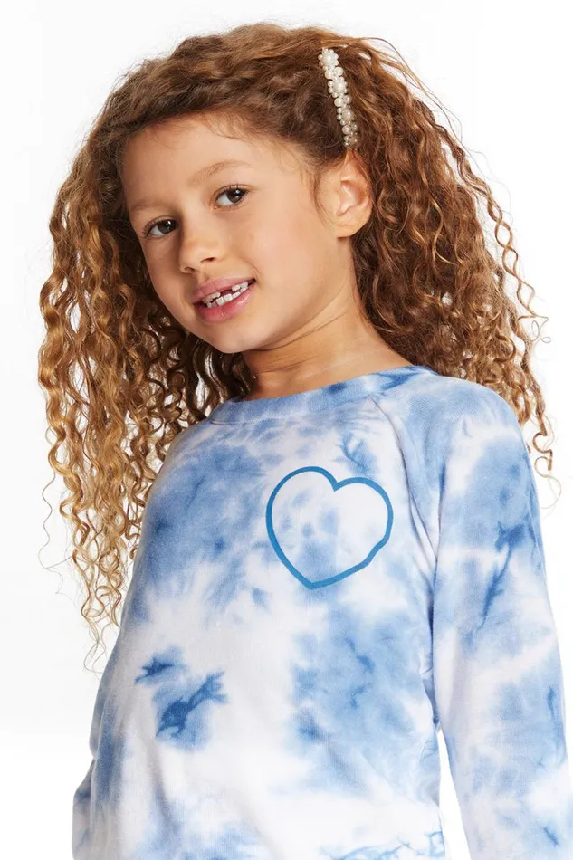 Kids Girls Chaser Brand Denim Tie Dye Heart Girls Cozy Knit Raglan Pullover