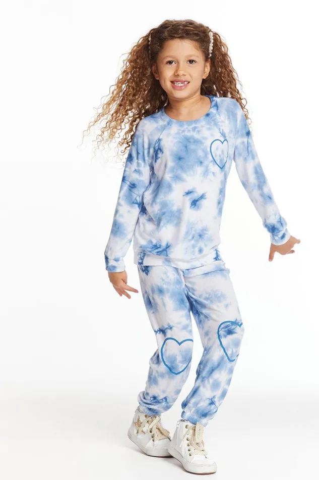 Kids Girls Chaser Brand Denim Tie Dye Heart Girls Cozy Knit Raglan Pullover