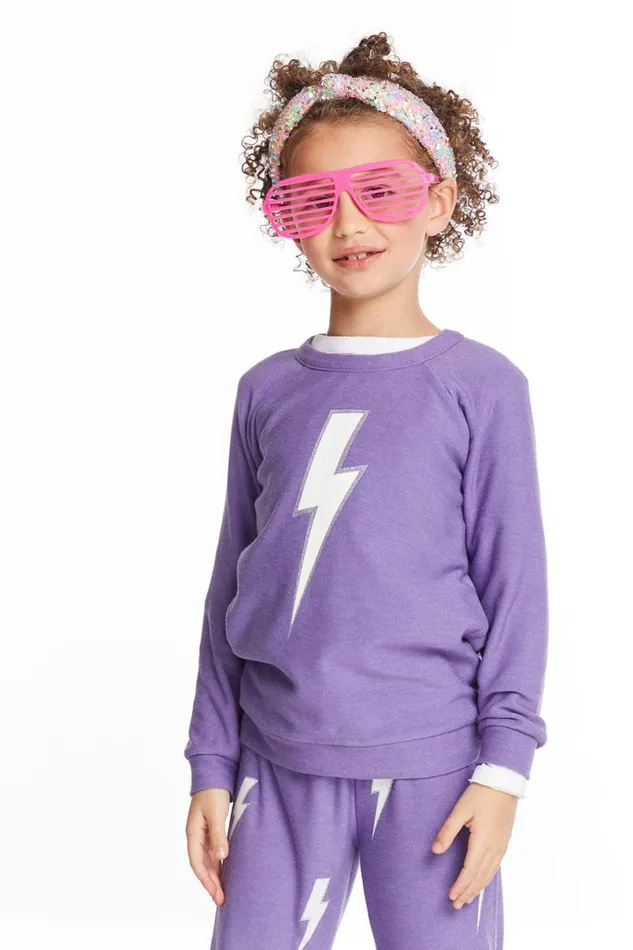 Kids Girls Chaser Brand Glitter Bolt Girls Raglan Pullover