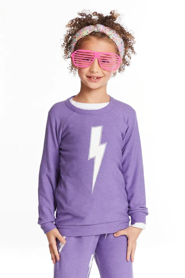 Kids Girls Chaser Brand Glitter Bolt Girls Raglan Pullover