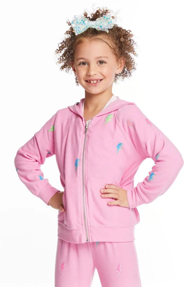 Kids Girls Chaser Brand Glitter Bolts Girls Zipup Hoodie