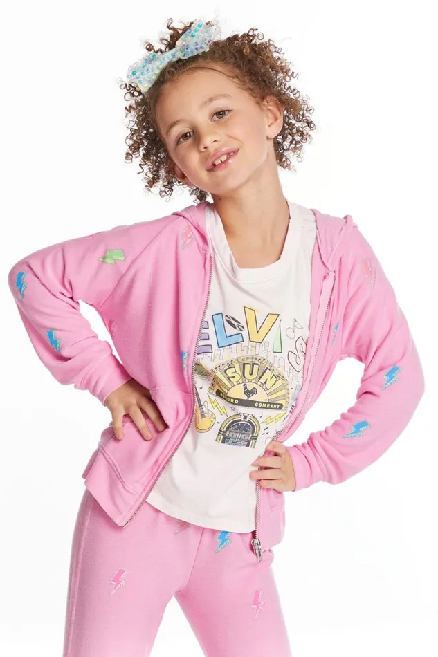 Kids Girls Chaser Brand Glitter Bolts Girls Zipup Hoodie