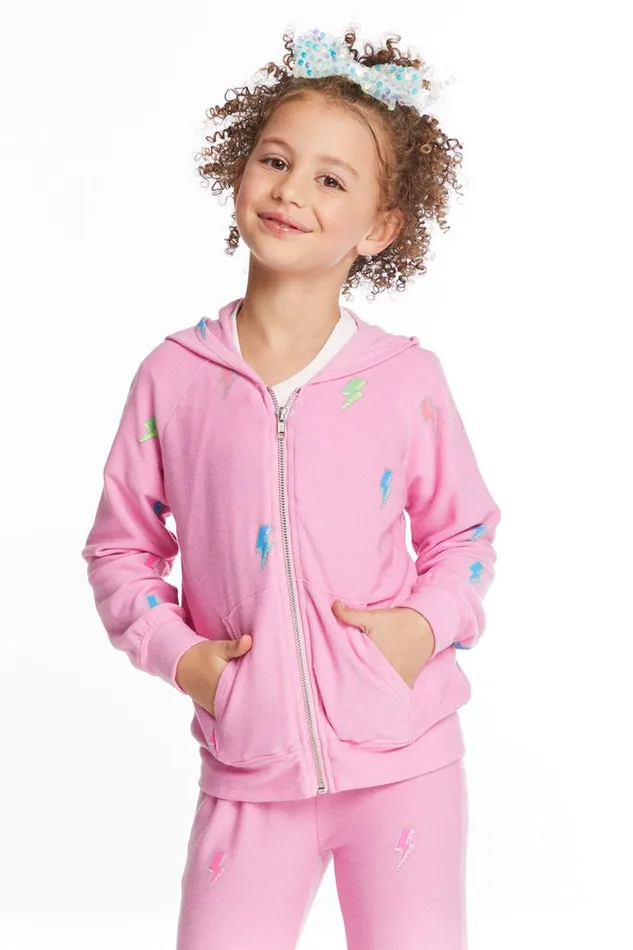 Kids Girls Chaser Brand Glitter Bolts Girls Zipup Hoodie