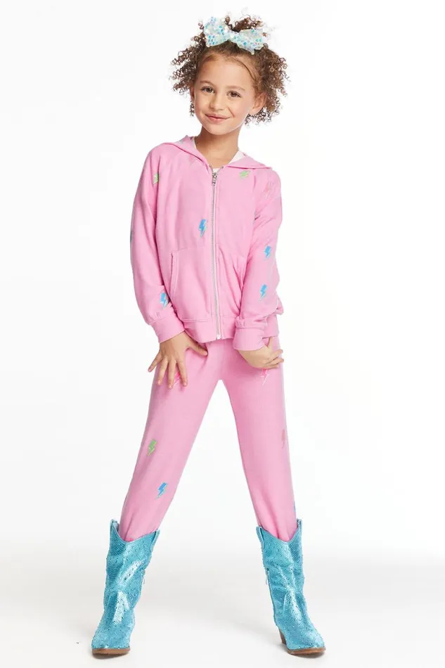 Kids Girls Chaser Brand Glitter Bolts Girls Zipup Hoodie