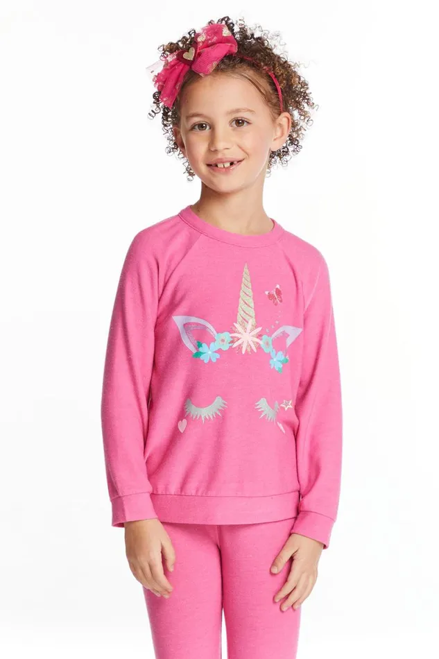 Kids Girls Chaser Brand Glitter Unicorn Girls Raglan Pullover