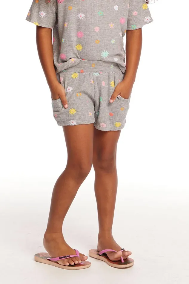 Kids Girls Chaser Brand Jade Embroidered Flowers Waffle Knit Girls Short