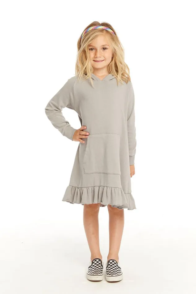 Kids Girls Chaser Brand Long Sleeve Gravel Grey Hooded Ruffle Hem Dress