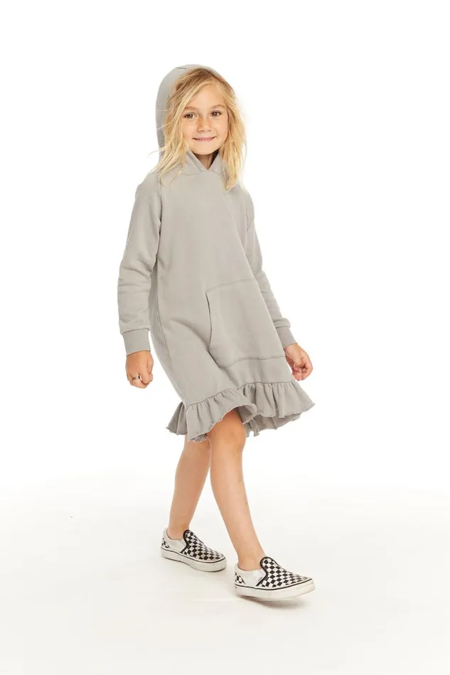 Kids Girls Chaser Brand Long Sleeve Gravel Grey Hooded Ruffle Hem Dress