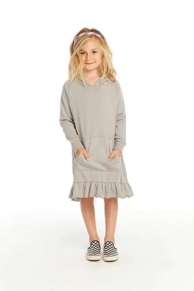 Kids Girls Chaser Brand Long Sleeve Gravel Grey Hooded Ruffle Hem Dress