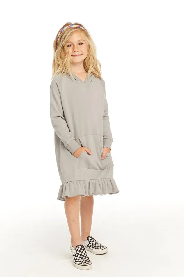 Kids Girls Chaser Brand Long Sleeve Gravel Grey Hooded Ruffle Hem Dress