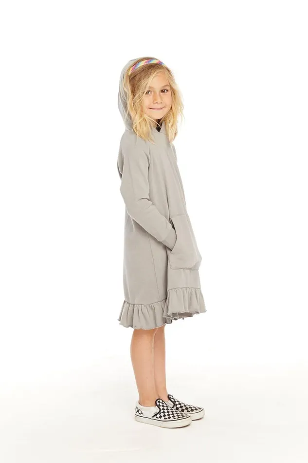 Kids Girls Chaser Brand Long Sleeve Gravel Grey Hooded Ruffle Hem Dress