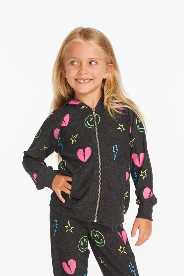 Kids Girls Chaser Brand Neon Heart and Smiles Girls Zipup Hoodie