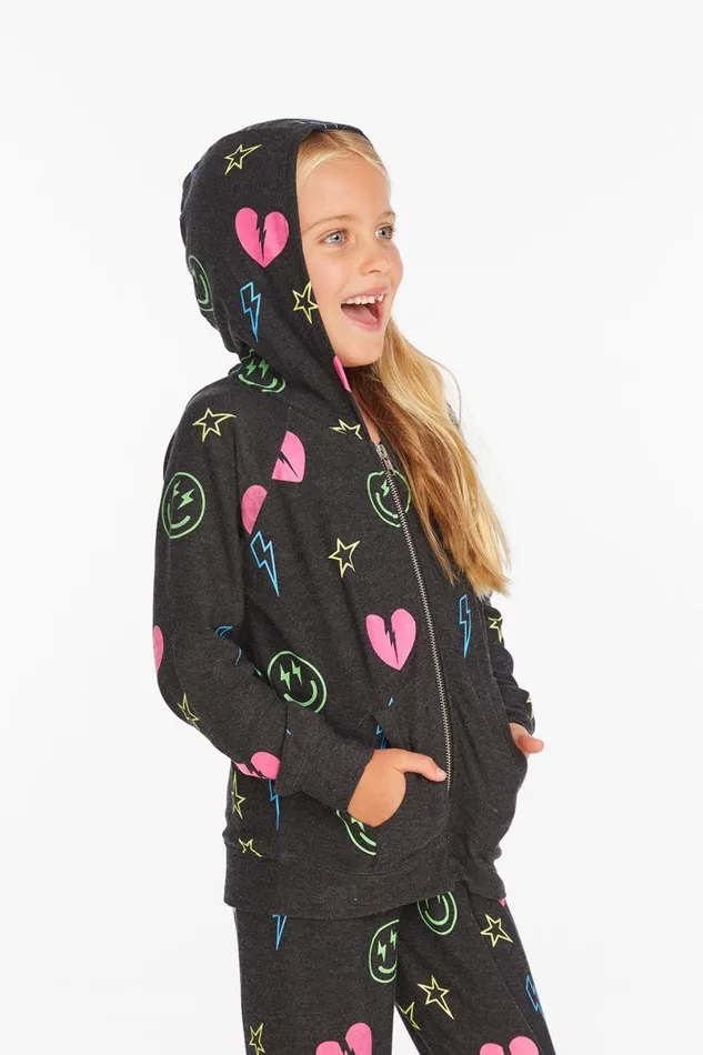 Kids Girls Chaser Brand Neon Heart and Smiles Girls Zipup Hoodie