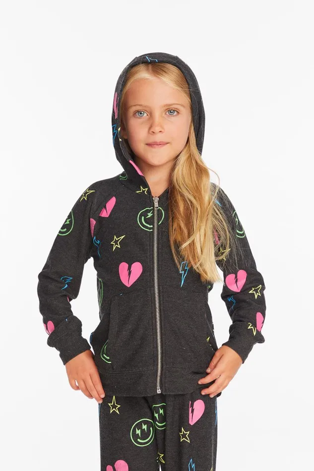Kids Girls Chaser Brand Neon Heart and Smiles Girls Zipup Hoodie