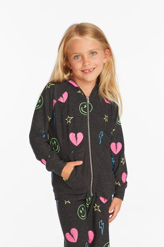 Kids Girls Chaser Brand Neon Heart and Smiles Girls Zipup Hoodie