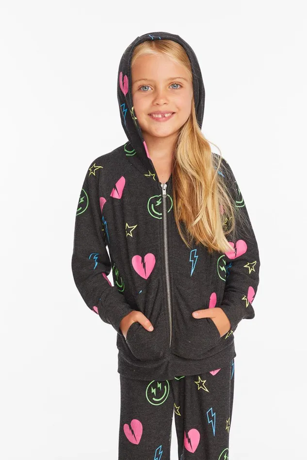 Kids Girls Chaser Brand Neon Heart and Smiles Girls Zipup Hoodie