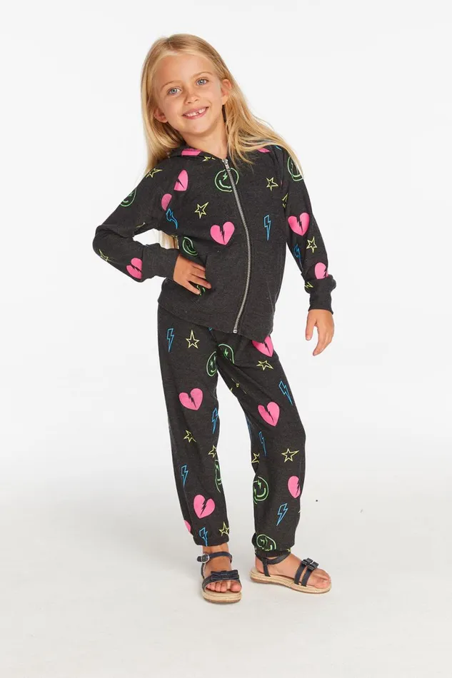 Kids Girls Chaser Brand Neon Heart and Smiles Girls Zipup Hoodie