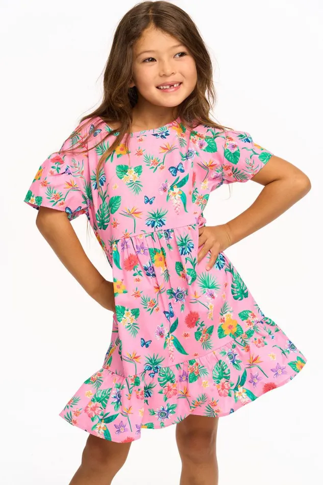 Kids Girls Chaser Brand Niki Tropical Floral Short Sleeve Dress 8211 Pink Lemonade