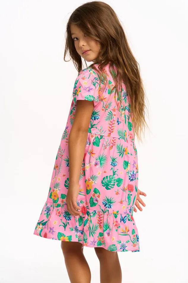 Kids Girls Chaser Brand Niki Tropical Floral Short Sleeve Dress 8211 Pink Lemonade