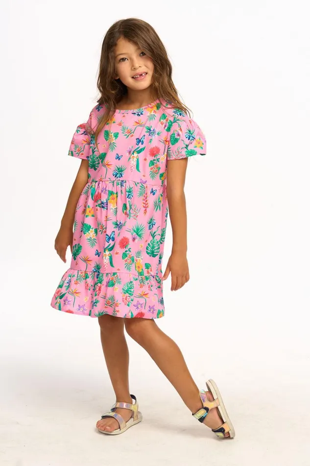 Kids Girls Chaser Brand Niki Tropical Floral Short Sleeve Dress 8211 Pink Lemonade