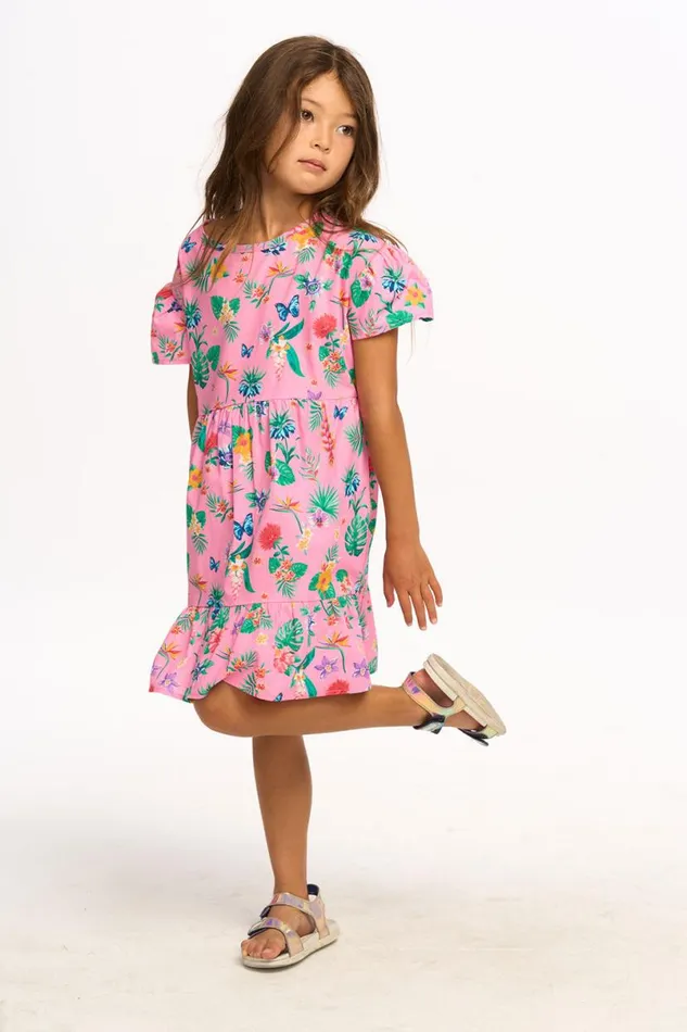 Kids Girls Chaser Brand Niki Tropical Floral Short Sleeve Dress 8211 Pink Lemonade