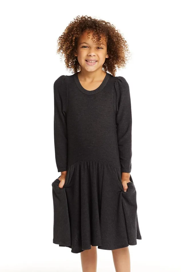 Kids Girls Chaser Brand Puff Black Licorice Long Sleeve Dress With Twirl Skirt