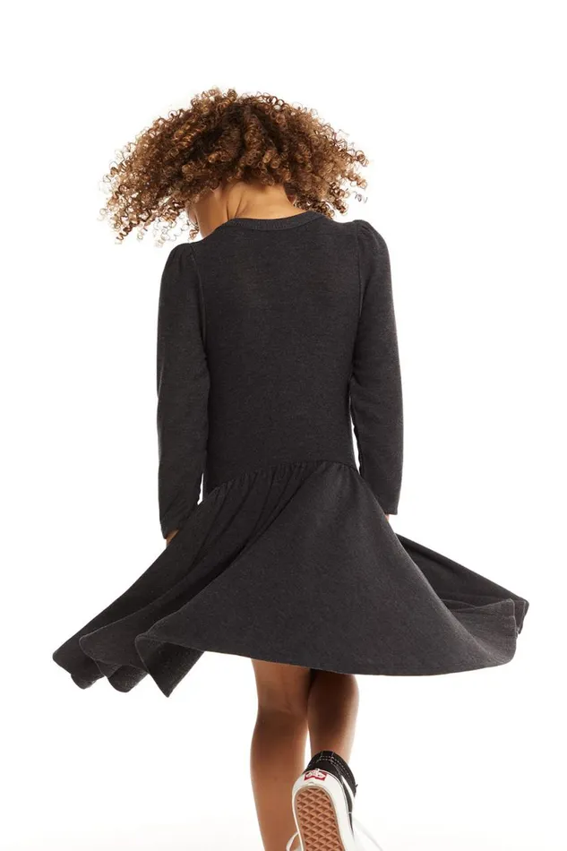Kids Girls Chaser Brand Puff Black Licorice Long Sleeve Dress With Twirl Skirt