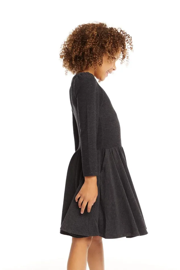 Kids Girls Chaser Brand Puff Black Licorice Long Sleeve Dress With Twirl Skirt