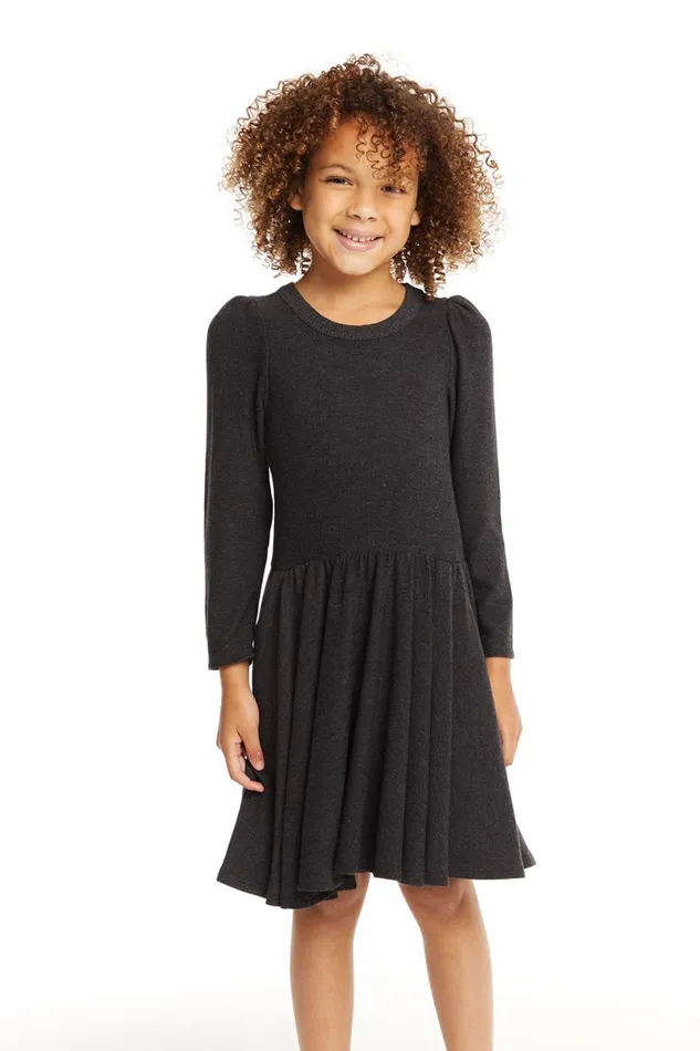 Kids Girls Chaser Brand Puff Black Licorice Long Sleeve Dress With Twirl Skirt