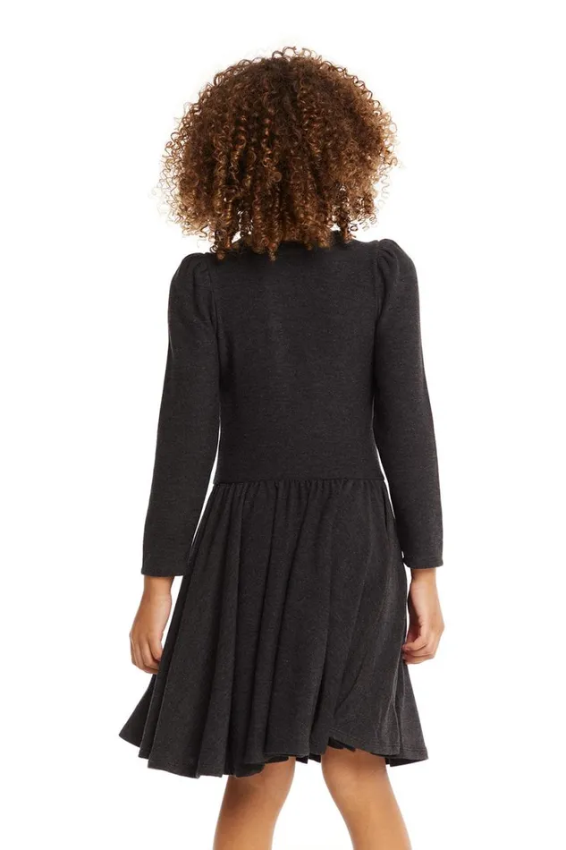 Kids Girls Chaser Brand Puff Black Licorice Long Sleeve Dress With Twirl Skirt