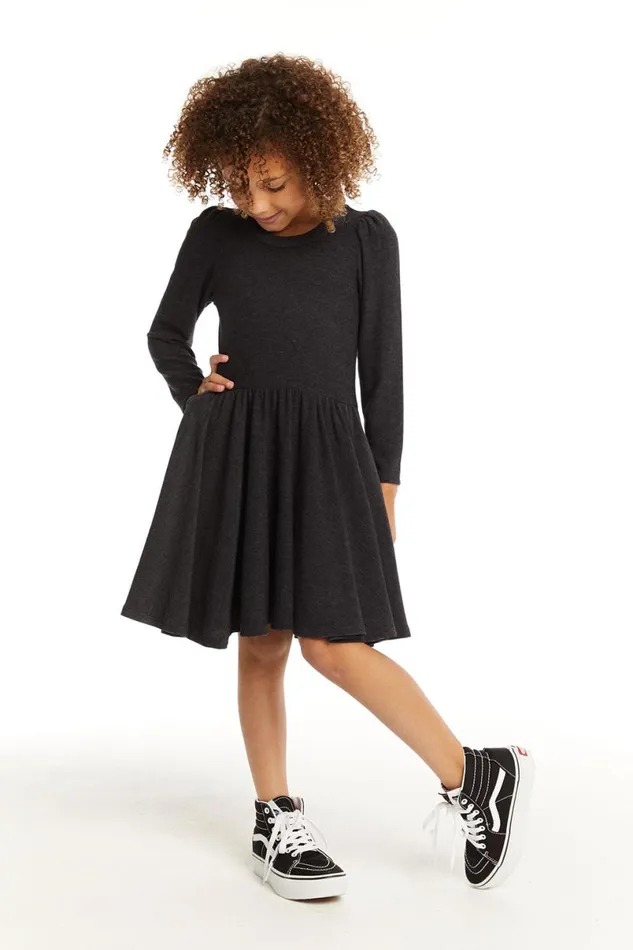 Kids Girls Chaser Brand Puff Black Licorice Long Sleeve Dress With Twirl Skirt
