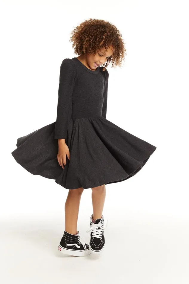 Kids Girls Chaser Brand Puff Black Licorice Long Sleeve Dress With Twirl Skirt