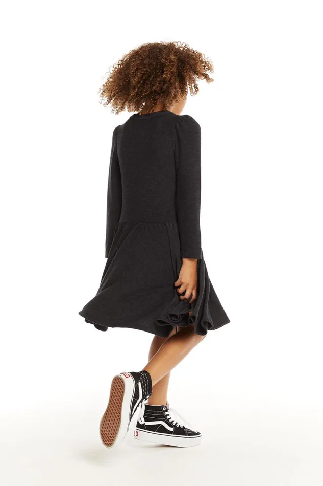 Kids Girls Chaser Brand Puff Black Licorice Long Sleeve Dress With Twirl Skirt